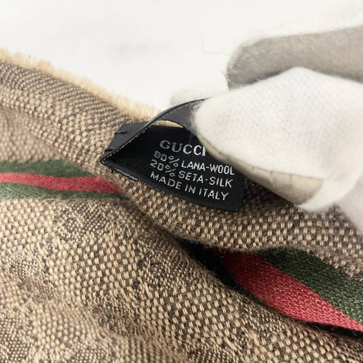 【贅沢品の極み】GUCCI グッチ　ストール　ウール　GG 総柄　シェリーライン　ブラウン　レッド　グリーン　フリンジ_画像5