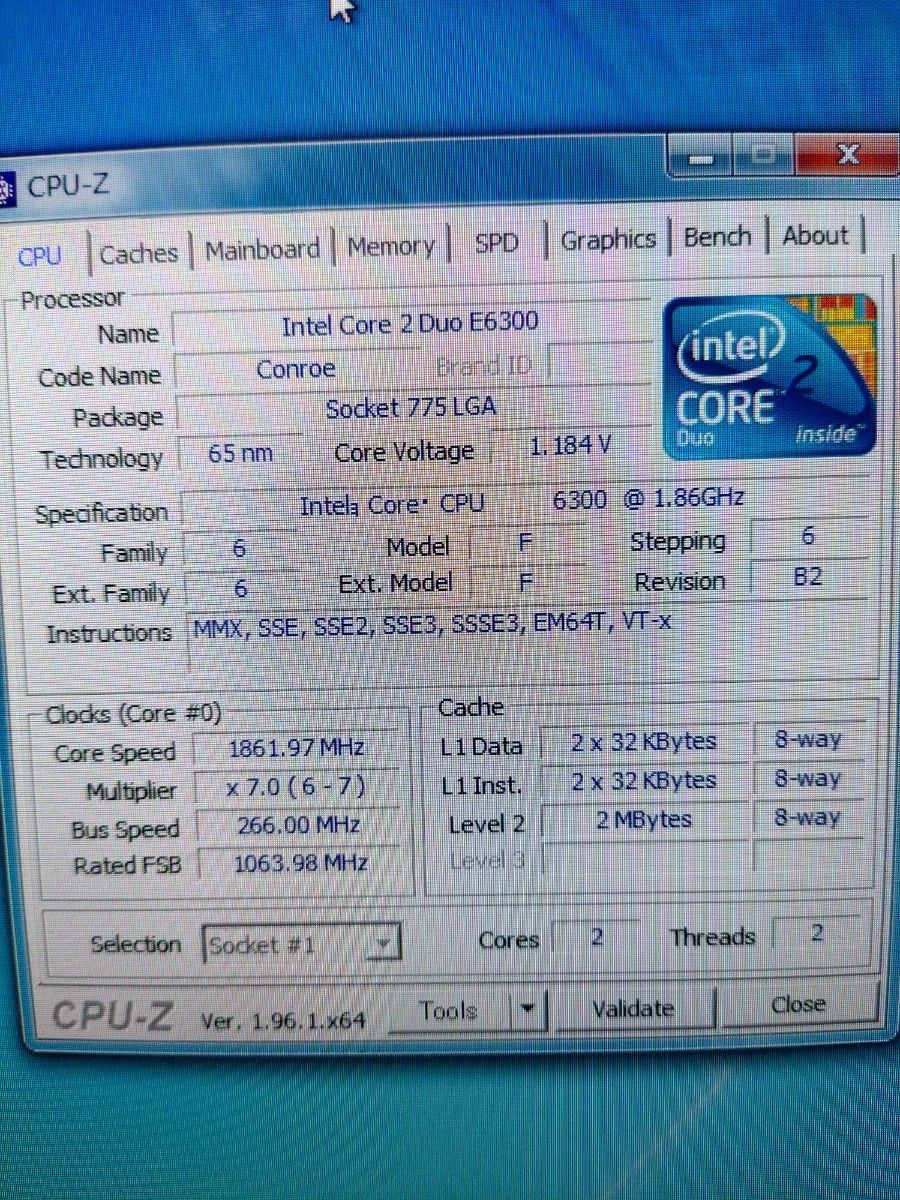 Intel Core 2 Duo E6300 1.86GHz SL9SA LGA775 動作品
