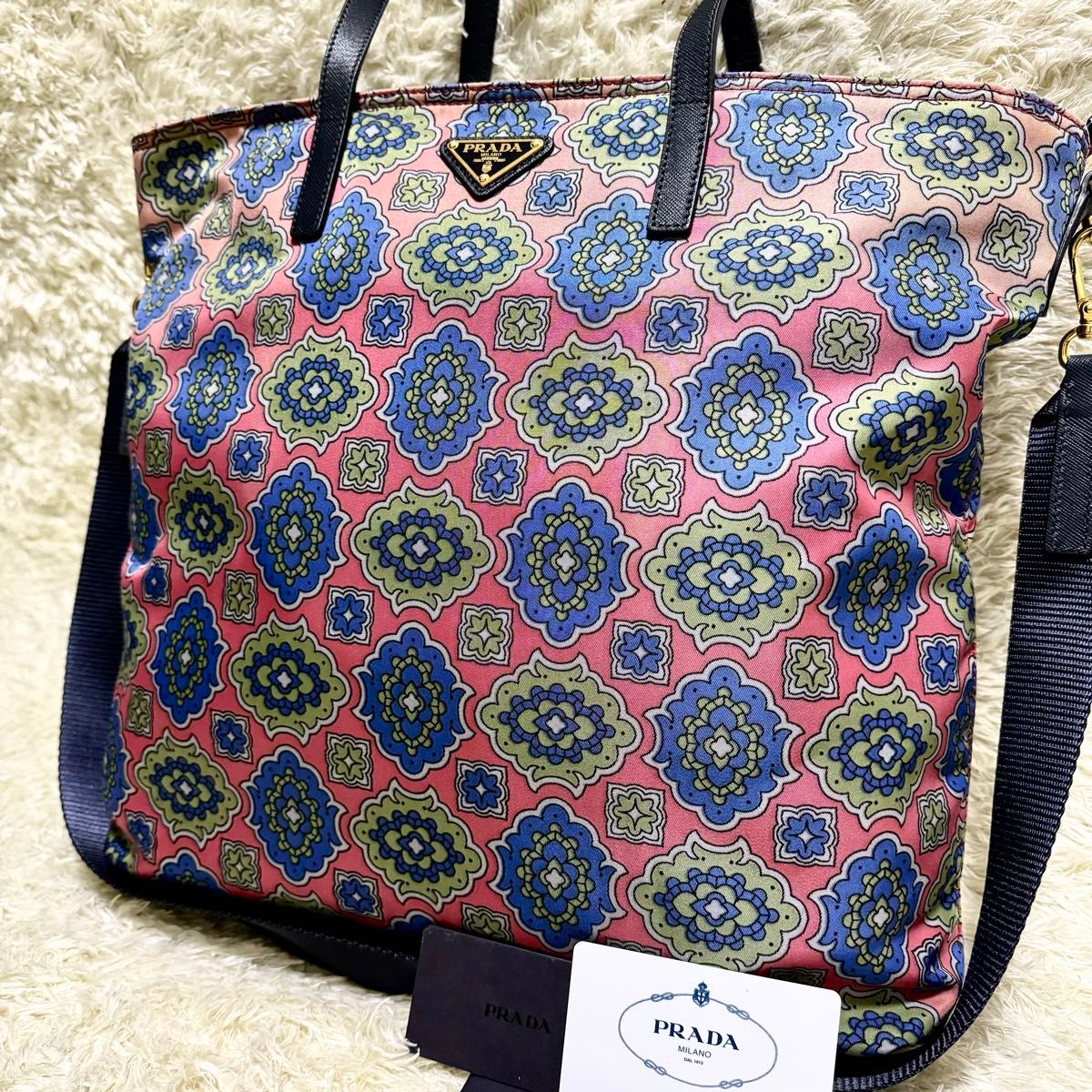 極美品 PRADA プラダ トートバッグ ショルダーバッグ 2way 三角ロゴ 花