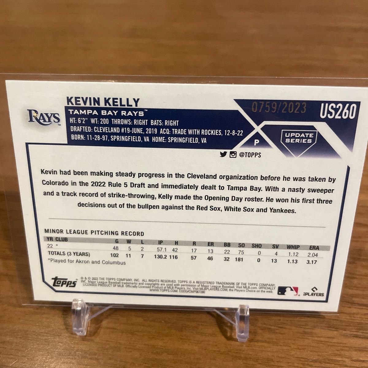 2023 Topps Update - Kevin Kelly (/2023) - RC - Rookie - SP - Tampa Bay Rays baseball トレカ　MLB_画像2