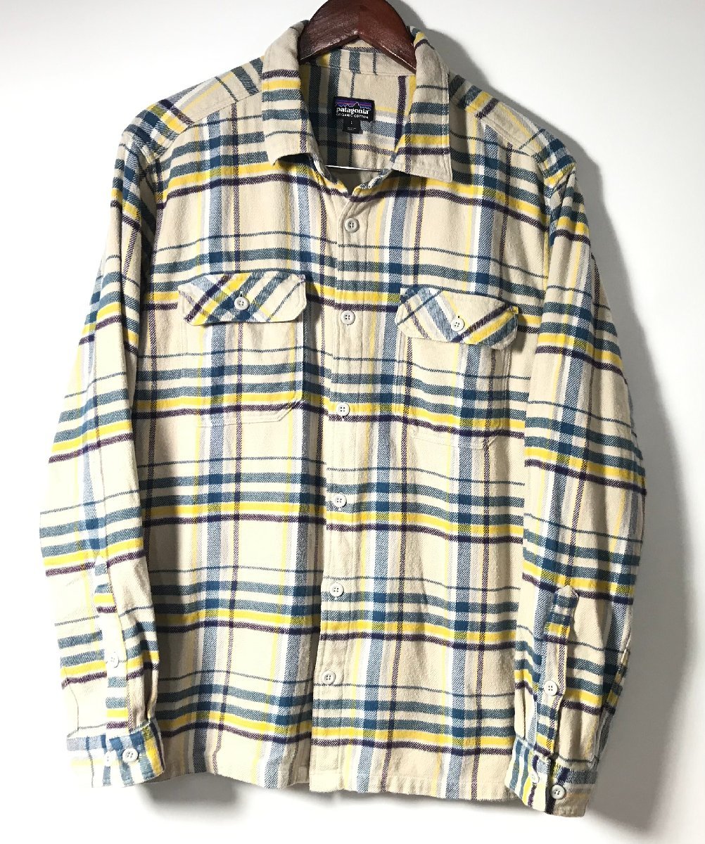 PATAGONIA パタゴニア ORGANIC COTTON オーガニックコットン100％ メンズ 長袖チェック柄シャツ Lサイズ ベージュ_画像2