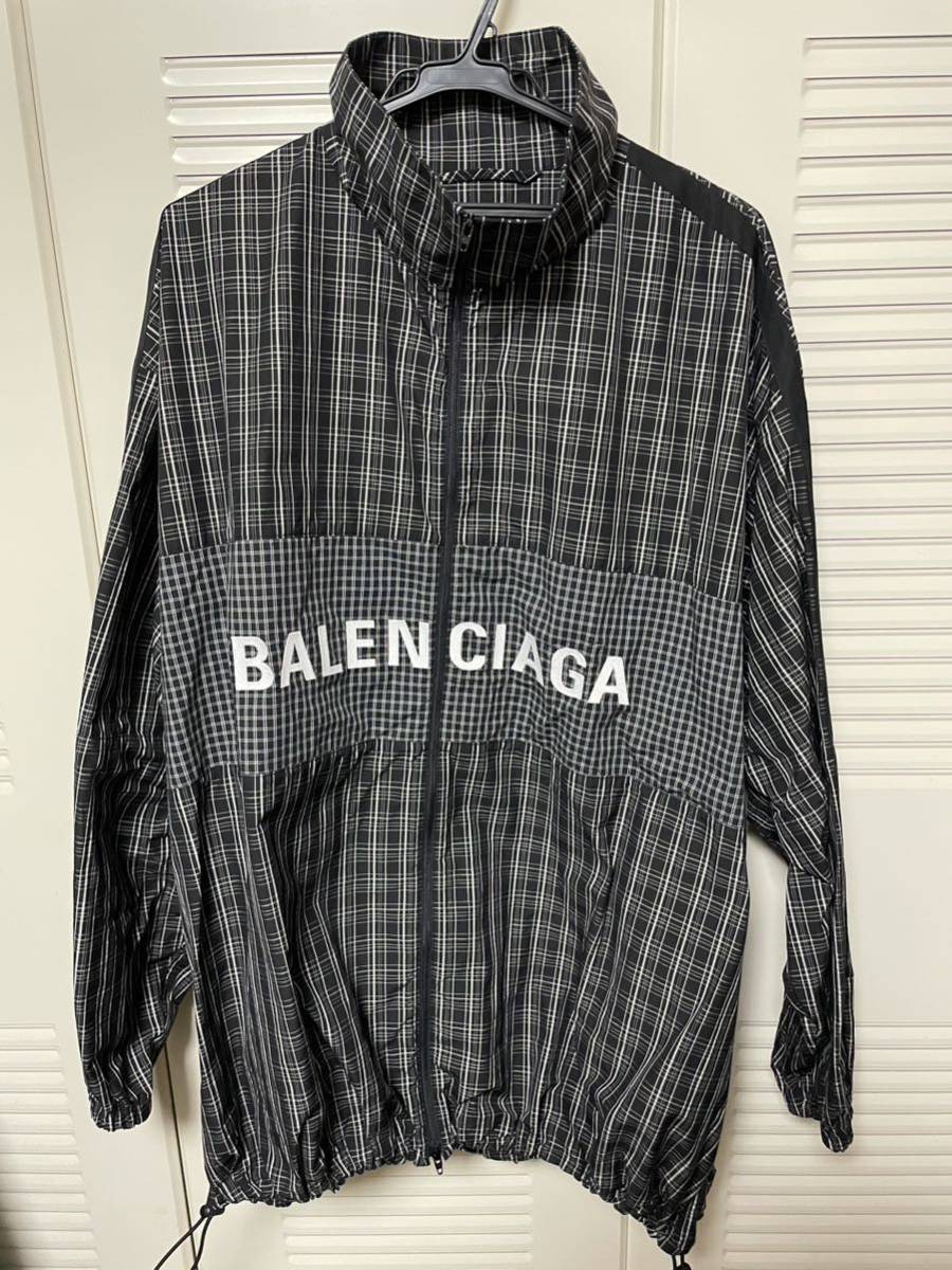 BALENCIAGA バレンシアガ ロゴ 刺繍 チェック シャツ ブルゾン トラック ポプリン ジャケット オーバーサイズ ブラック ホワイト 46_画像1