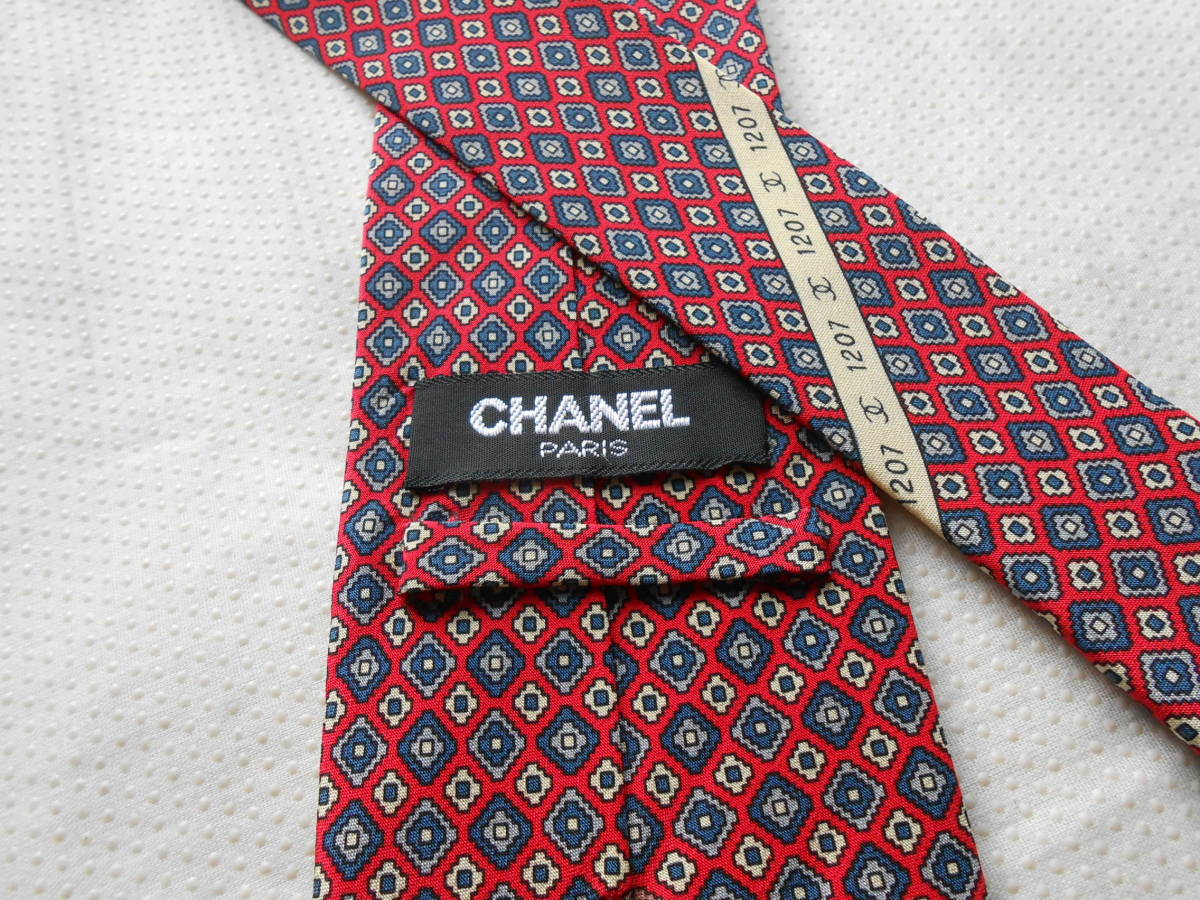 C536美品高級CHANELシャネルオールドひし形総柄模様厚手ネクタイ赤の画像2
