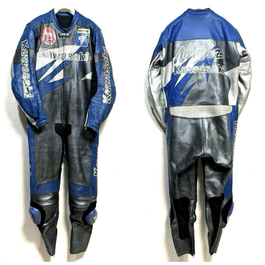 Kawasaki Kawasaki racing suit original leather leather coverall Ninja Ninja Biker bike touring lai DIN g Rider's 2 wheel old clothes protection against cold 