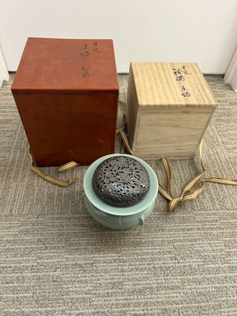 銀火屋 諏訪蘇山作 青磁 香炉 純銀刻印 茶道具 _画像1