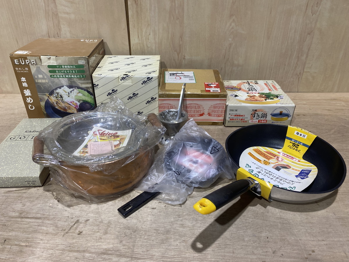 【７－３】調理器具 家庭用品 まとめ売り フライパン 銅 ケトル すき焼き鍋 南部鉄器 釜飯器 目玉焼き器 等 長期保管品 _詳細に添付画像があります。ご覧ください。