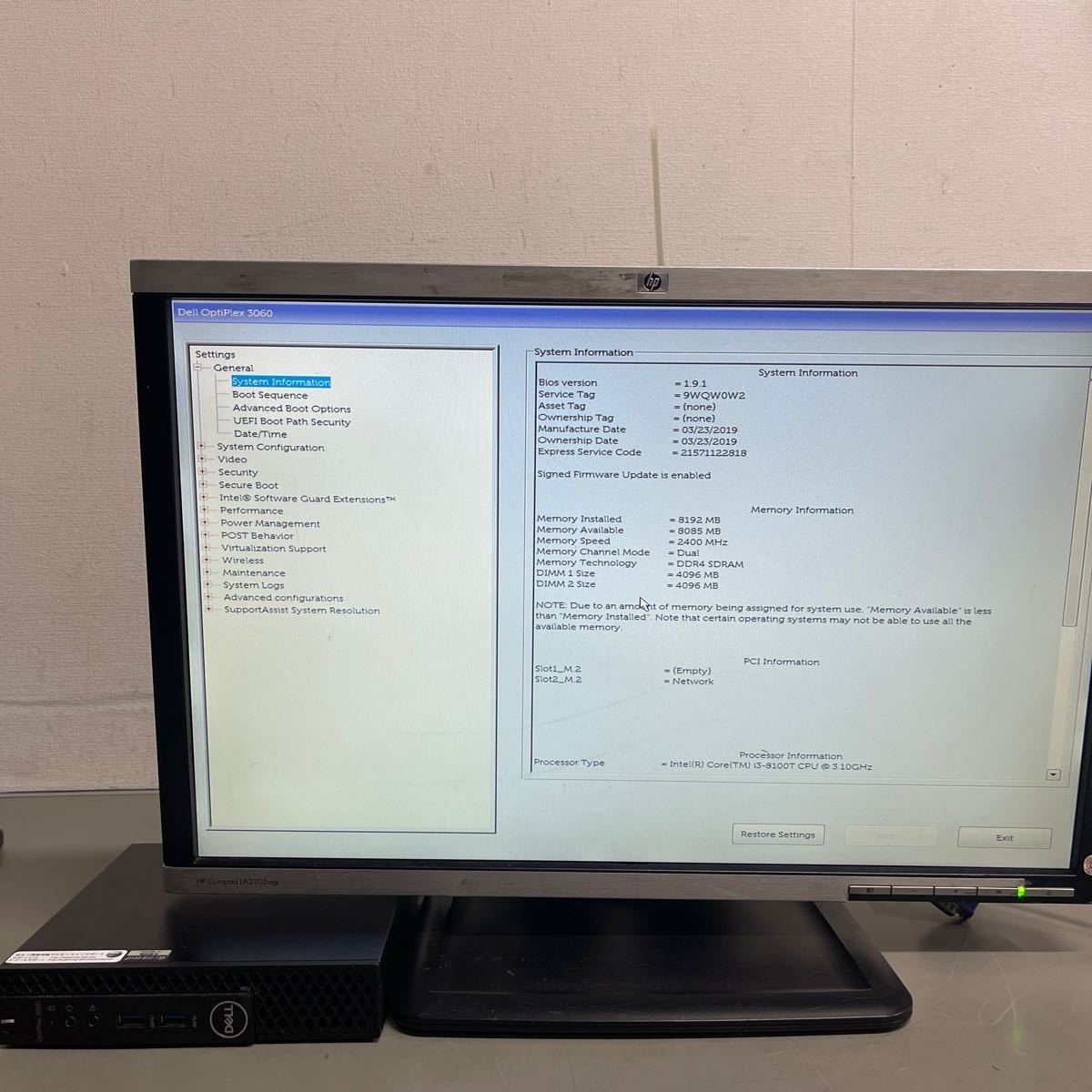N23 DELL ミニパソコン OPTIPLEX 3060 D10U Core i3-8100T メモリ 8GB _画像2