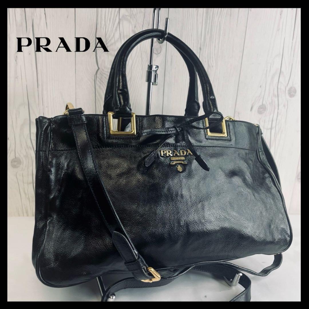 美品 PRADA プラダ ハンドバッグ レザー リボン ブラック 黒