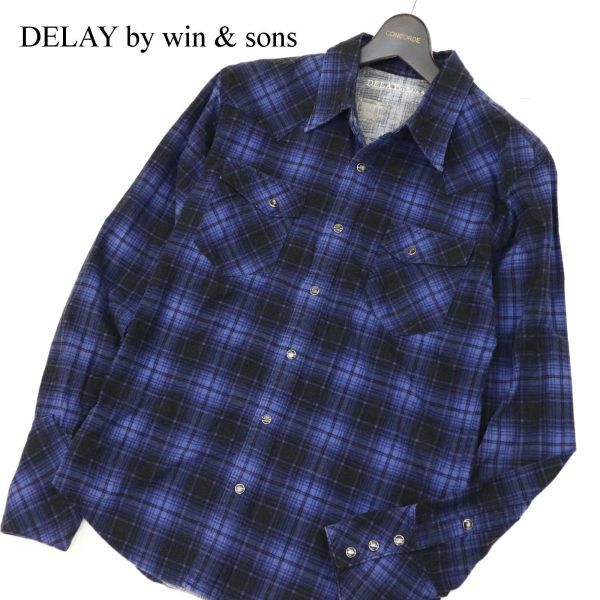 DELAY by win & sons ウィンアンドサンズ 秋冬 長袖 ウエスタン★ チェック ネル シャツ Sz.3　メンズ ネイビー 日本製　C4T00269_1#B_画像1