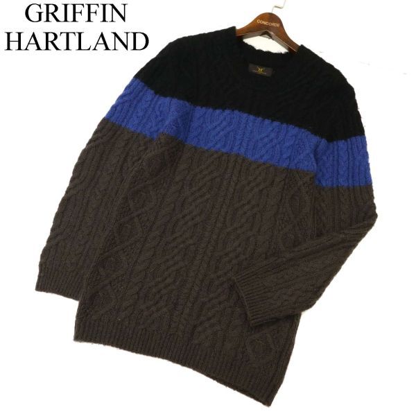 GRIFFIN HARTLAND グリフィンハートランド モヘヤ ウール混★ 切替 ケーブル クルーネック ニット セーター Sz.L　メンズ　C4T00195_1#K_画像1