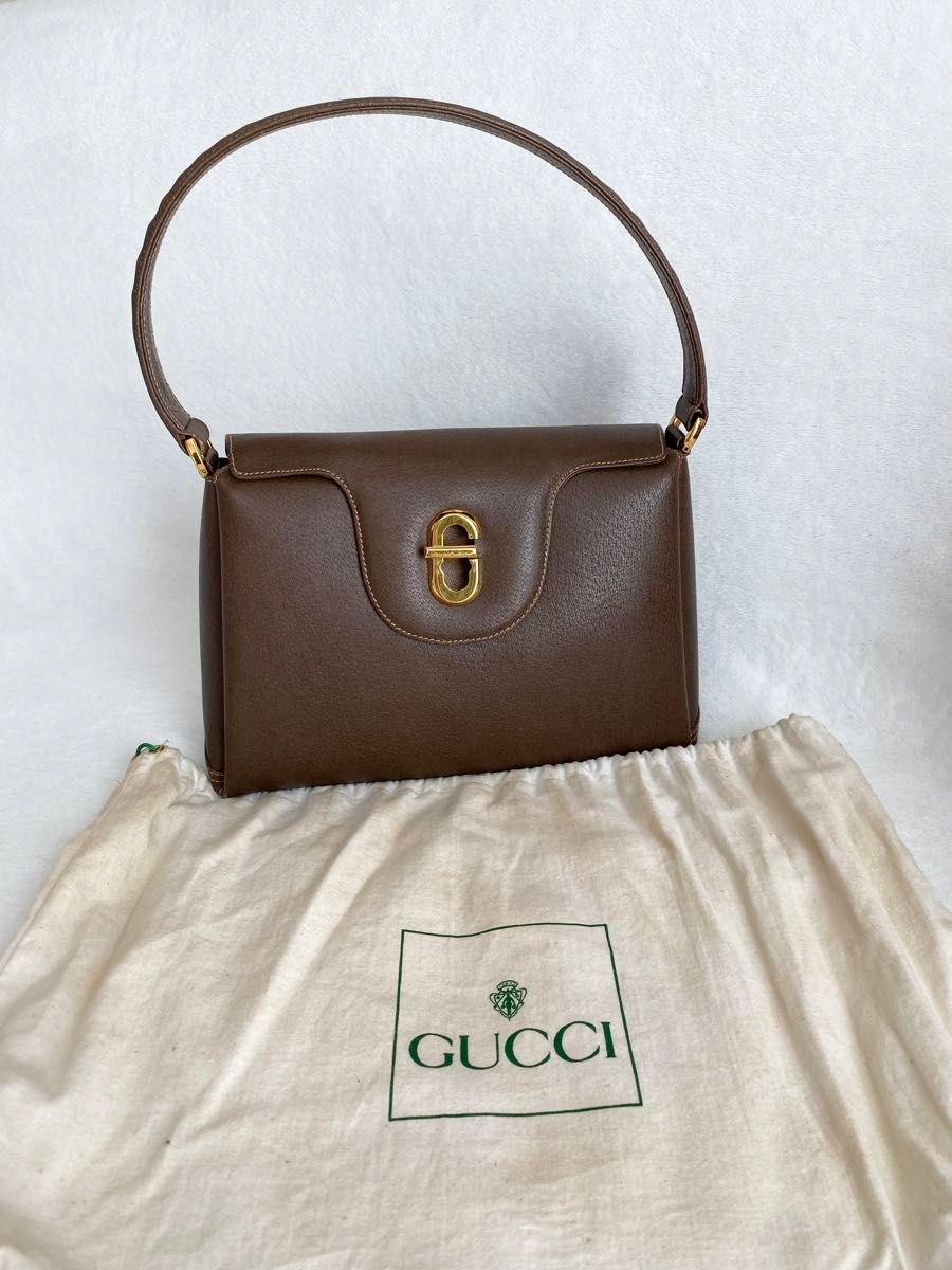 GUCCI グッチ ターンロック ハンドバッグ鞄レザー ブラウンヴィンテージ無地