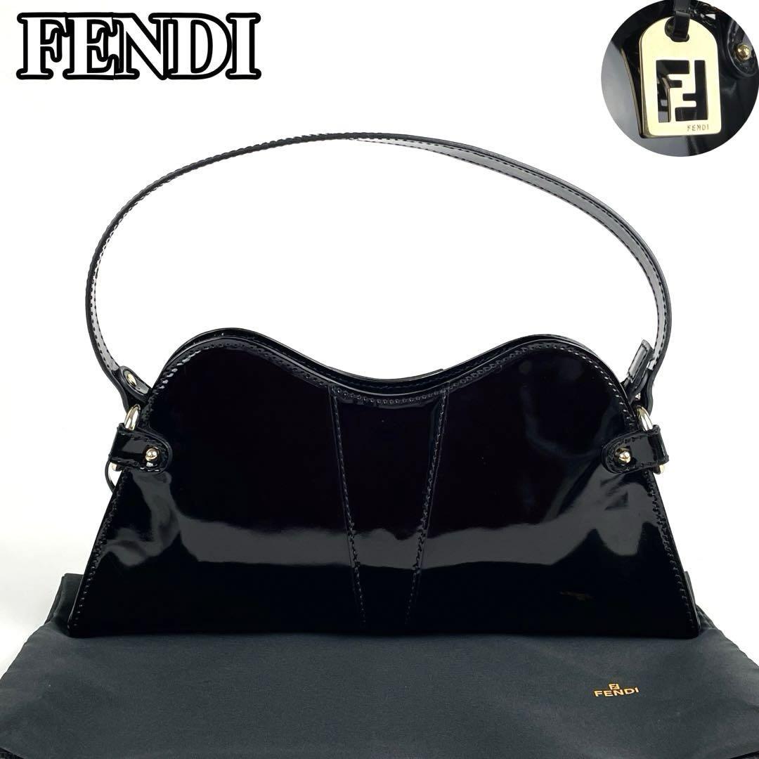 美品■FENDI フェンディ ハンドバッグ アクセサリーポーチ ゴールド金具 チャーム ブラック パテントレザー ミニバッグ ワンハンドル 黒_画像1