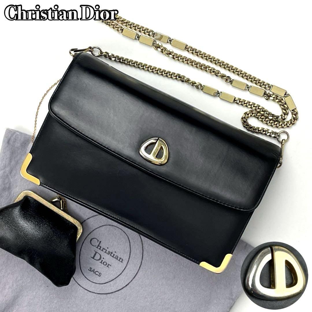 美品■Christian Dior クリスチャンディオール チェーンショルダーバッグ 2way ゴールド金具 がま口付 ブラック CD クラッチバッグ  レザー