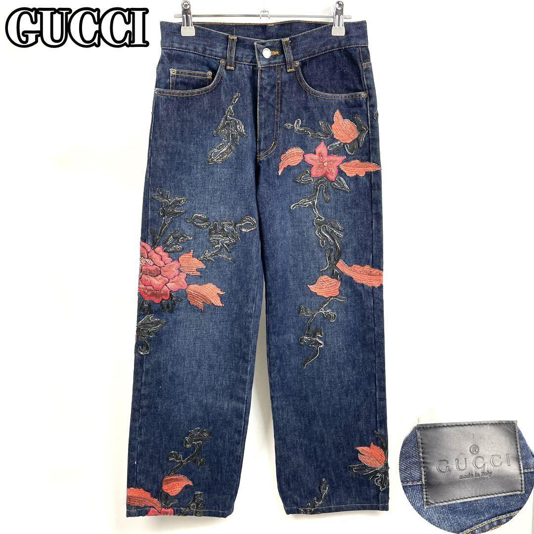 極美品■GUCCI グッチ デニムパンツ 花柄刺繍 トムフォード期 フラワー Mサイズ ユニセックス FW99 TomFord Denim Pants エンブロイダリーの画像1