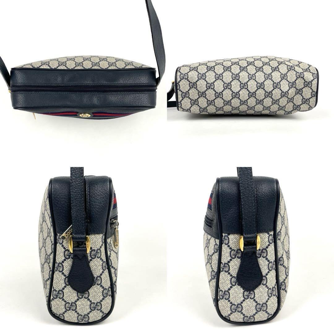 極美品■GUCCI グッチ ショルダーバッグ GGスプリーム シェリーライン PVC レザー ネイビー ジャガード クロスボディ ゴールド金具 紺色