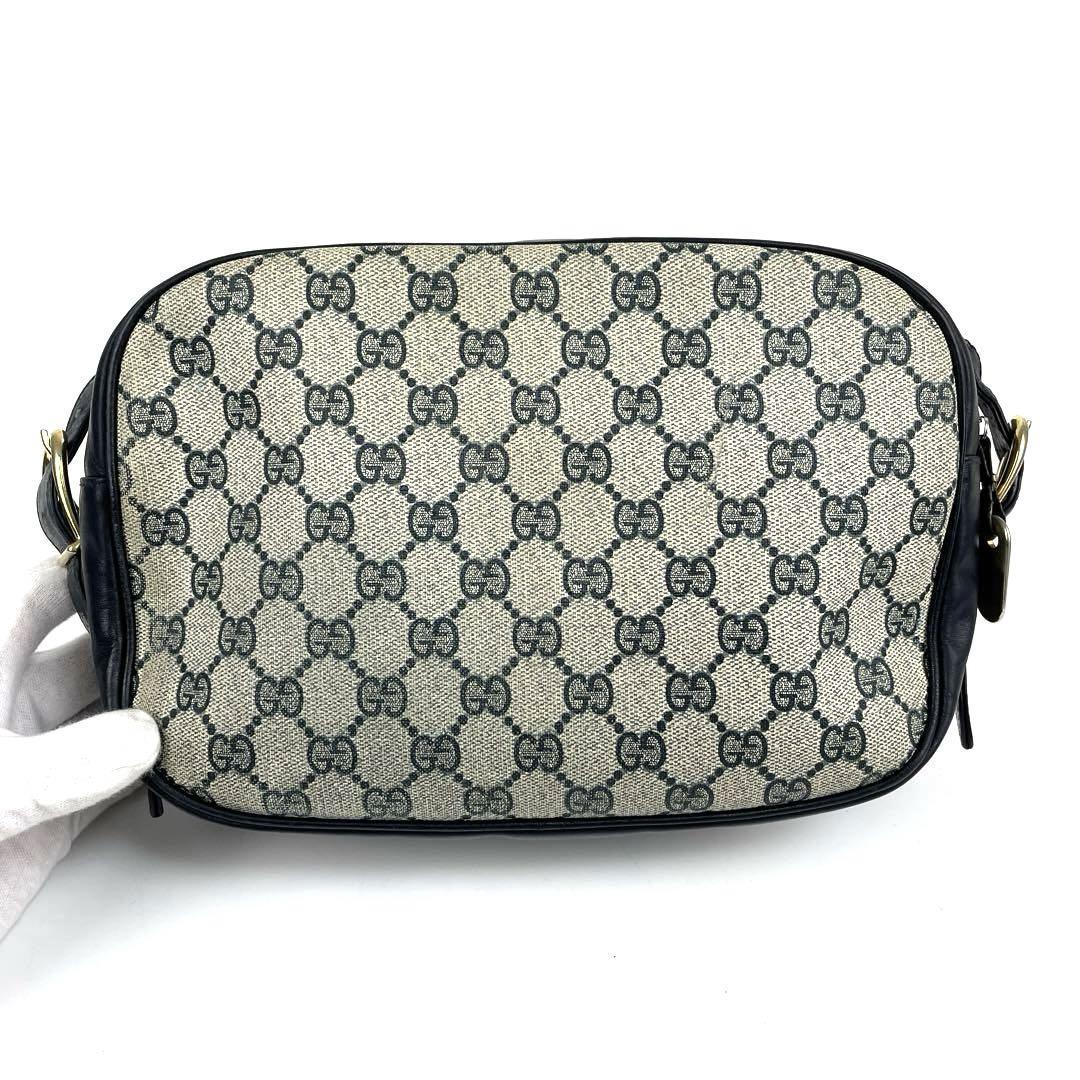 希少■GUCCI グッチ ショルダーバッグ GGスプリーム ゴールド金具 肩掛け ネイビー系 PVC レザー ディアマンテ ミニバッグ ベルト 裏地総柄