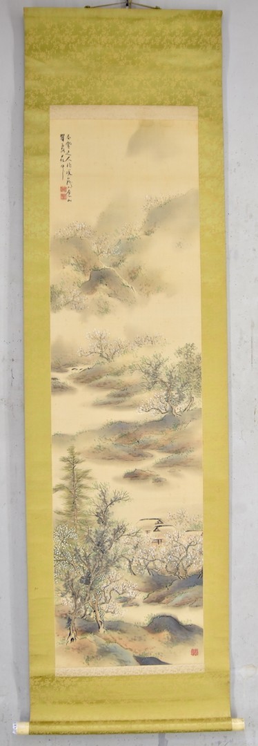 [ genuine thing ] temple island spring .[ small . mountain ] hanging scroll Japanese picture silk book@ coloring west mountain ..... blue . company place .y92270398