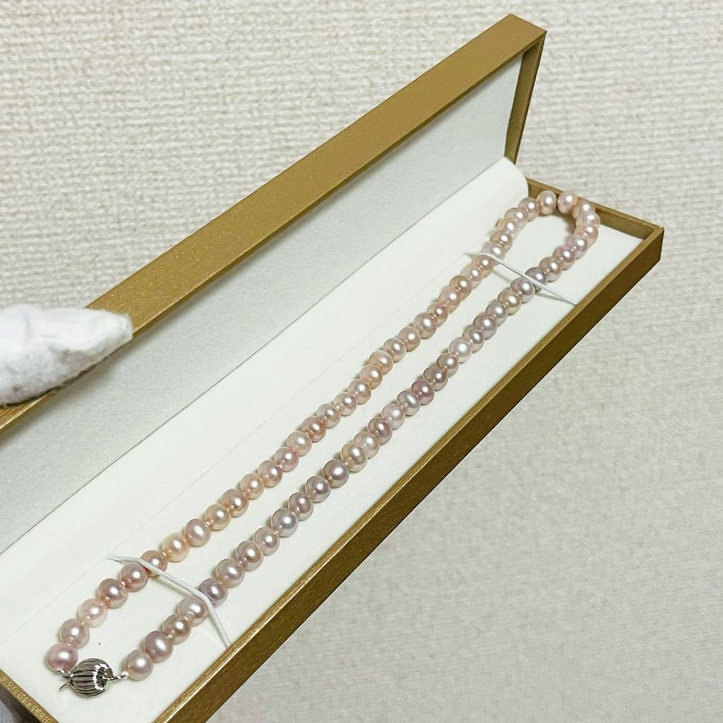 本真珠ネックレス7-8mm パールネックレス jewelry 天然 Pearl 長さ 45cm シルバー 刻印 ピンク系の画像7