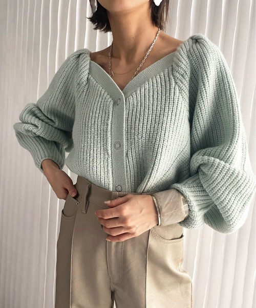 未使用 AMERI アメリ 畦ニット パフスリーブ デザインカーディガン プルオーバー 前後2WAY PUFF CARDIGAN F_画像2