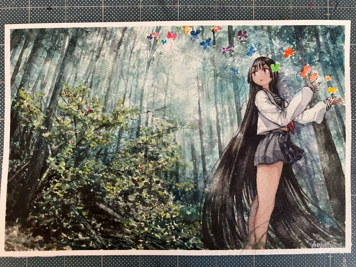 手描きイラスト 森の風 透明水彩 オリジナル 1点もの(手描き 手描きイラスト 森の風 透明水彩 オリジナル 1点もの(手描き