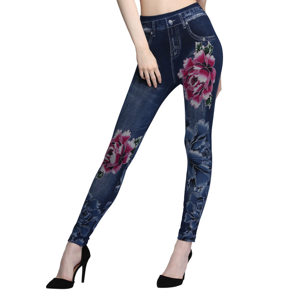  lady's floral print Denim manner leggings .. pattern flexible stretch material 