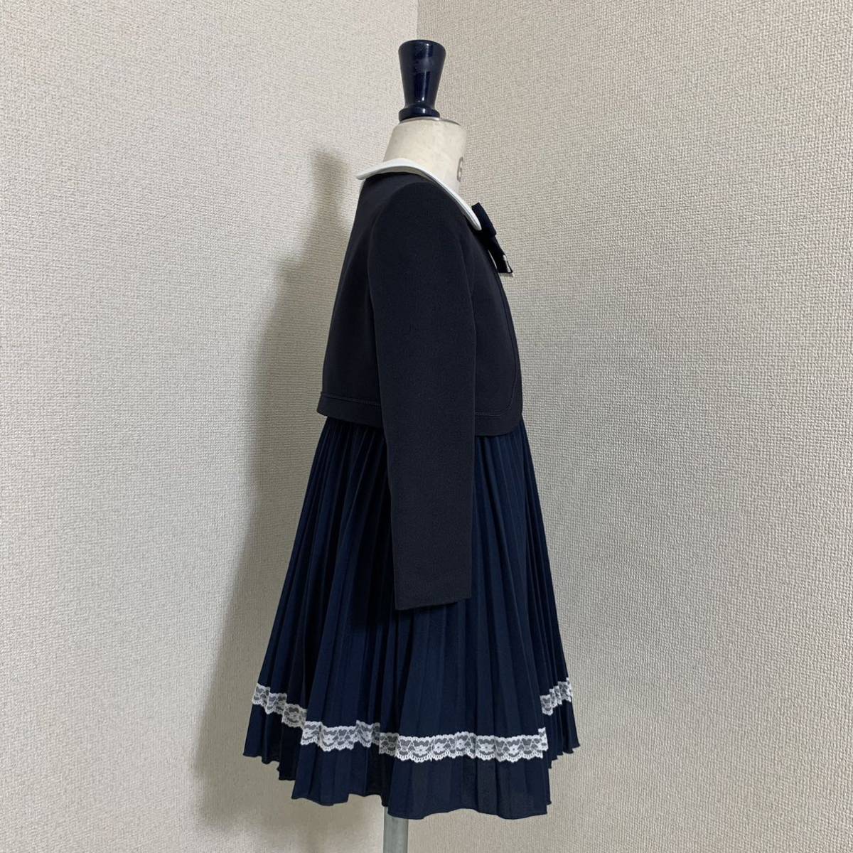 6696. 【極美品】ELLE プリーツ レースワンピース 4点セット エル 紺色 ネイビー 入学式 卒園式 女の子 フォーマル 120cm