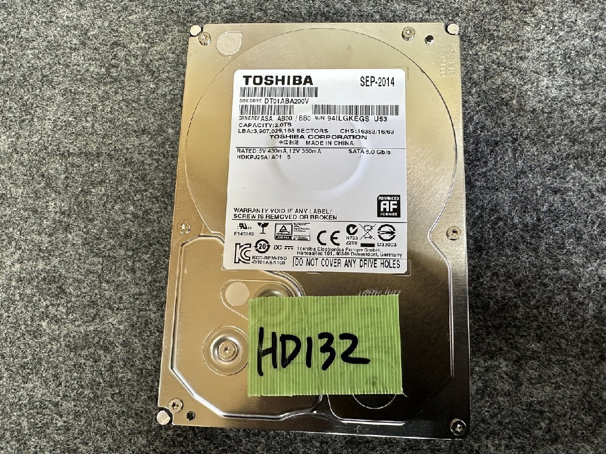 【送60サイズ】 TOSHIBA DT01ABA200V 2TB 使用122時間 3.5インチSATA HDD 中古品_画像1