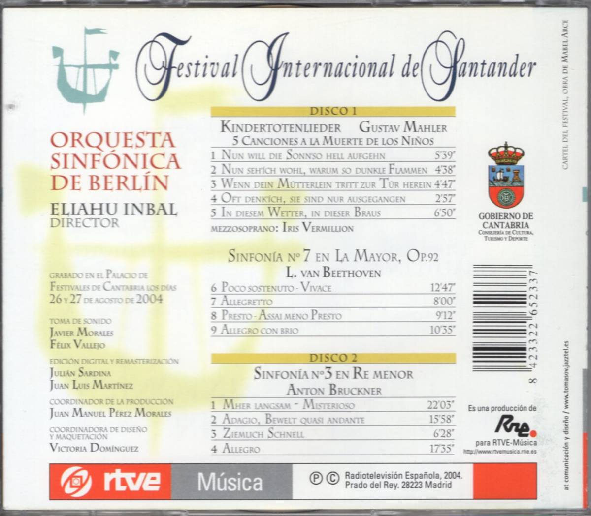 インバル＆ベルリン交響楽団　サンタンデルライヴ　2004（ベートーヴェン：交響曲第7番　ブルックナー：交響曲第3番他）　rtve輸入盤2CD_画像2