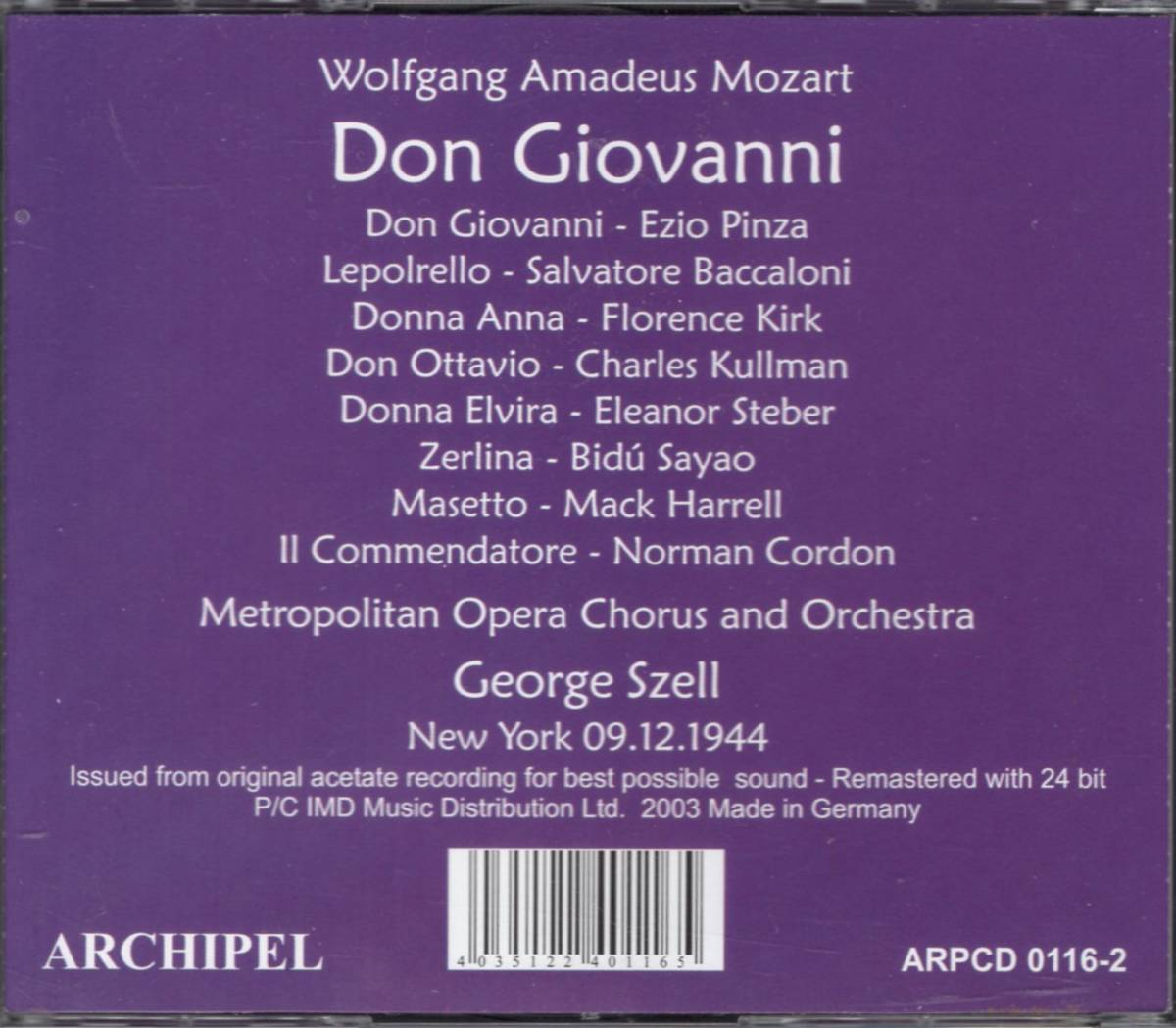 セル　モーツァルト：歌劇「ドン・ジョヴァンニ」1944/12/9NY　ARCHIPEL輸入盤2CD_画像2
