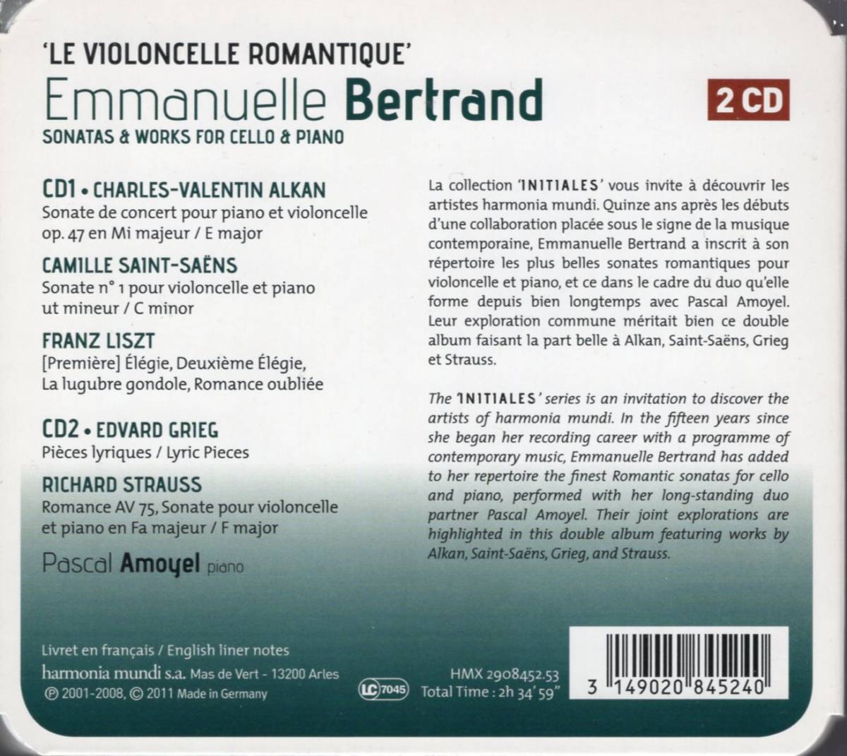 エマニュエル・ベルトラン(vc)　ロマンティック・チェロ曲集（アルカン、サン＝サーンス、リスト、グリーグ他）　HARMINIA MUNDI輸入盤2CD_画像2