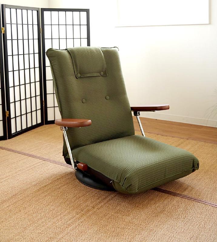 ポンプ式肘置き付き　落ち着きのあるベーシックな日本製回転座椅子　布張り　グリーン色
