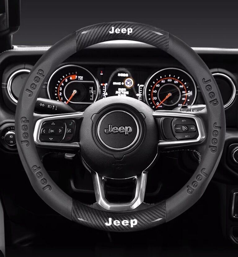 送料無料 Jeep専用 ハンドルカバー ステアリングカバー 円型 本革 カーボン調_画像1