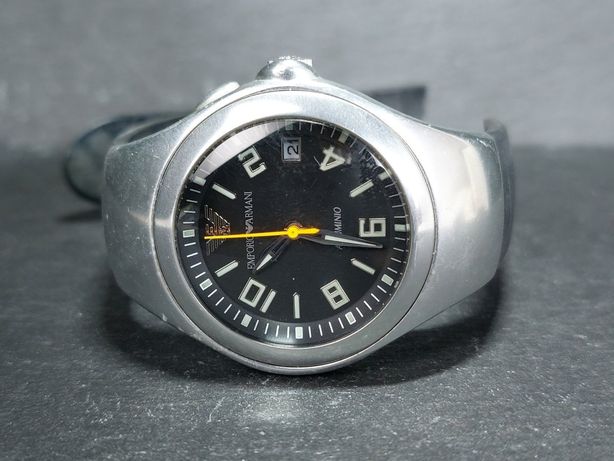 EMPORIO ARMANI エンポリオアルマーニ AR-1205 メンズ アナログ 腕時計 ブラック文字盤 シルバー ラバーベルト 電池交換済み 動作確認済み_画像5