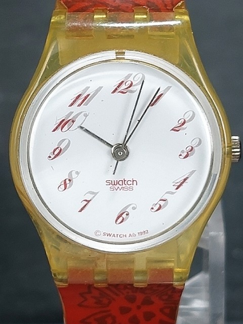 SWATCH スウォッチ スイス製 1992年 アナログ 腕時計 レッド ホワイト文字盤 スケルトン スモールサイズ 新品電池交換済み 動作確認済み_画像1