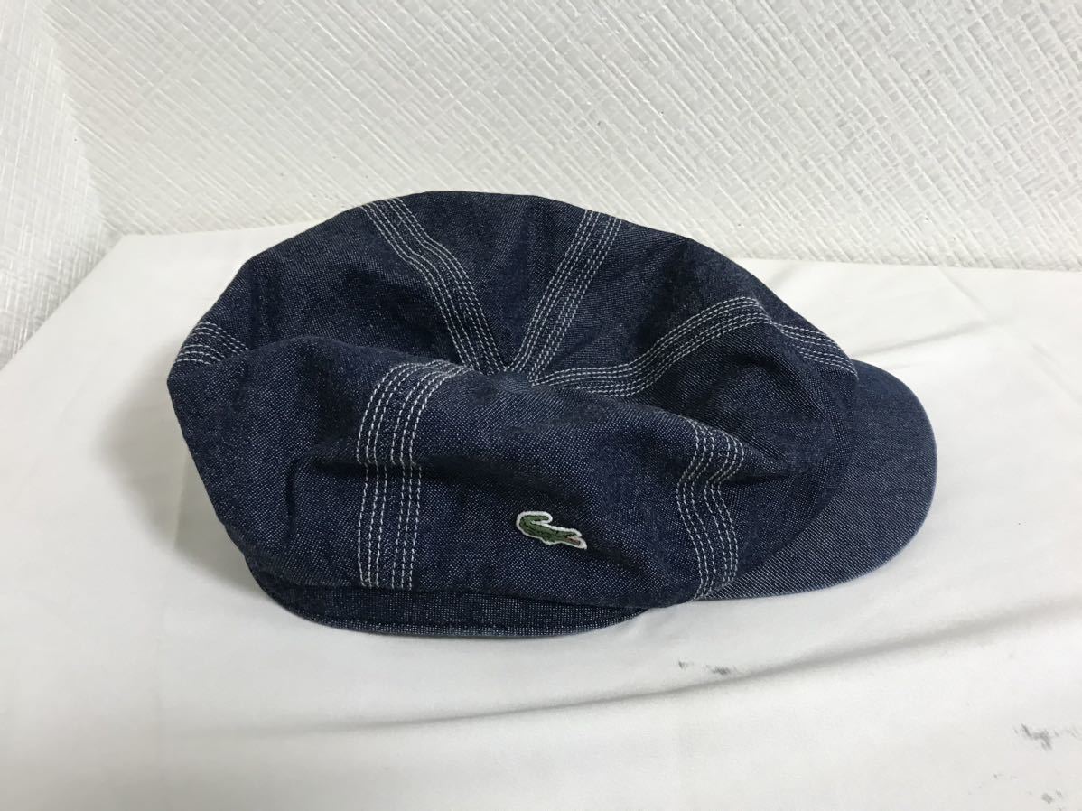 本物ラコステLACOSTEデニムワークキャップハンチングキャスケット帽子ボウシメンズレディースサーフアメカジビジネス紺ネイビー58cm日本製