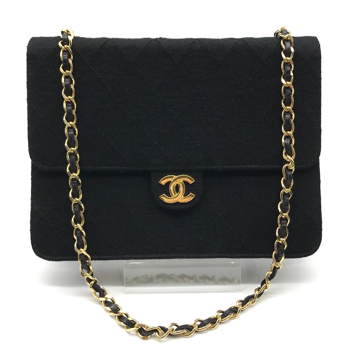 良品 CHANEL シャネル ココマーク マトラッセ コットンジャージ プッシュロック チェーン ショルダー バッグ ブラック m12385_画像1