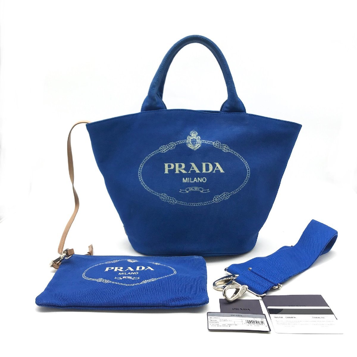 1円 良品 PRADA プラダ カナパ トート バッグ キャンバス コバルト ブルー バケツ型 k53_画像1