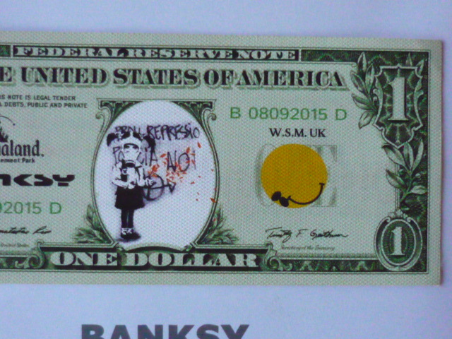 free shipping * Bank si-Banksy 1 dollar * genuine work guarantee * canvas cloth * autograph equipped * serial number entering *Dismalandtizma Land ..