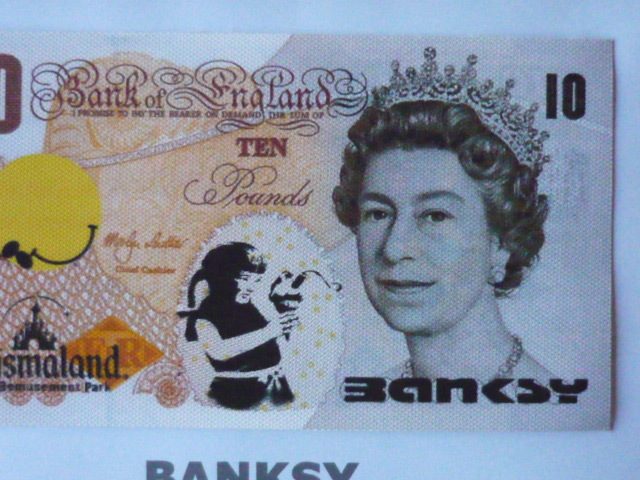  free shipping * Bank si-Banksy 10 pound * genuine work guarantee * canvas cloth * autograph equipped *Dismalandtizma Land. go in place ticket attached 42