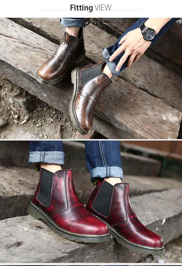  side-gore boots men's original leather Chelsea boots Martin boots wine red leather 26cm Work boots Secret race up autumn 