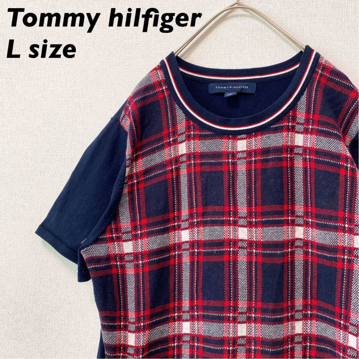 トミーヒルフィガー　ニット　セーター　半袖　チェック　ワンポイントロゴ　Lサイズ　Tommy hilfiger 大きいサイズ　ビッグシルエット_画像1