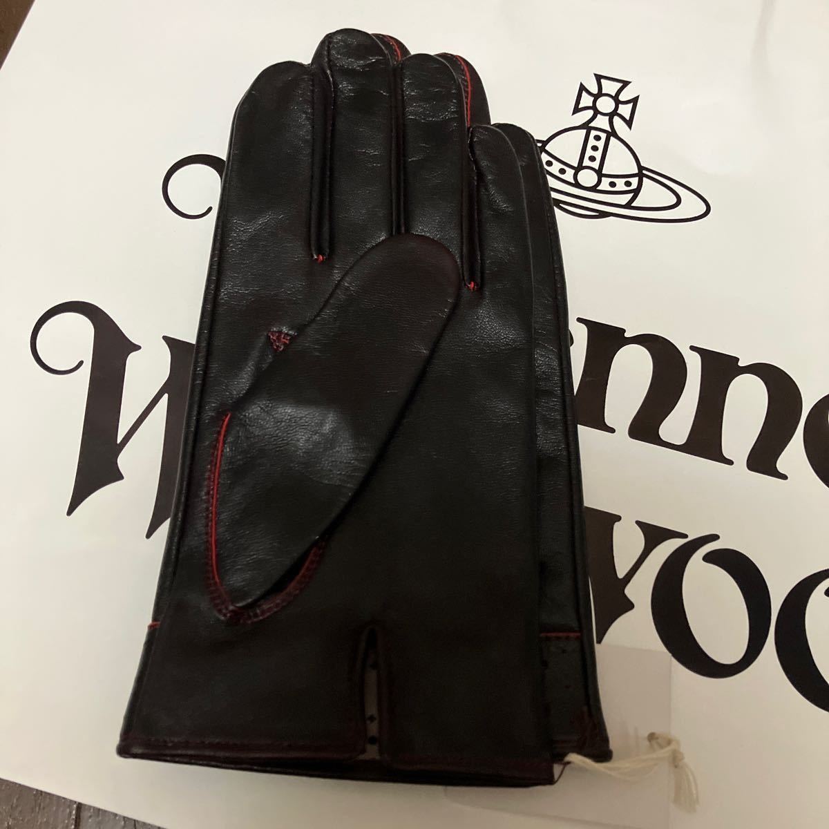 送料込●新品●Vivienne Westwood 羊革手袋 ブラック×赤ラインE メンズ25cm 縦24cm ×横10.5cmヴィヴィアンウエストウッド レザー