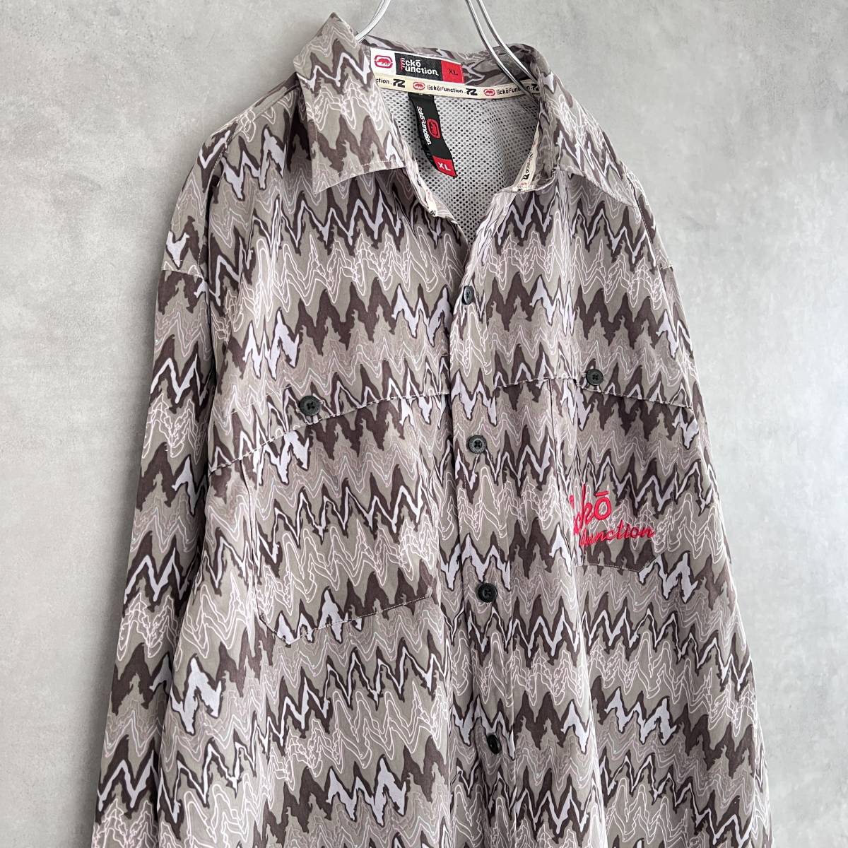 90s Ecko Function エコーファンクション 総柄シャツ XL グレー_画像3