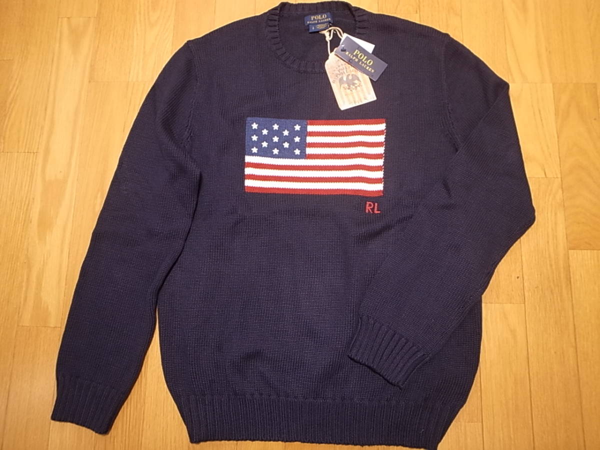 【送料無料 即決】POLO RALPH LAUREN 米国製 星条旗セーターICONIC AMERICAN FLAG SWEATERネイビーL新品 アメリカ国旗フラッグ MADE IN USA