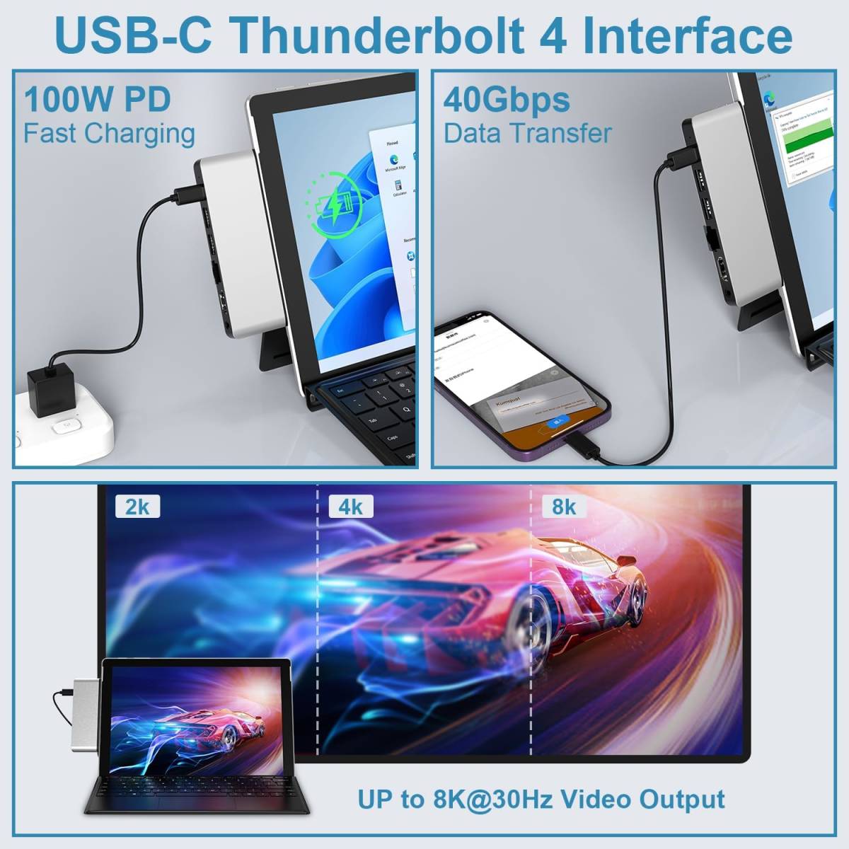 送料無料★Surface Pro 9 USB ハブ 4K HDMI、USB-C Thunderbolt 4 (8K@30Hz ディスプレイ+40Gデータ+100W充電)、100M LAN、2xUSB3._画像6