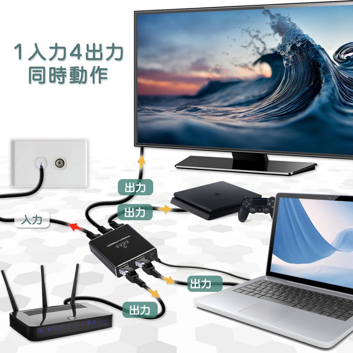 送料無料☆lanケーブル 分配器 1入力4出力 1000Mbps lan 分配器 1x4 インターネットケーブル 分配器 RJ45 HUB(USB電源コード付き) _画像8