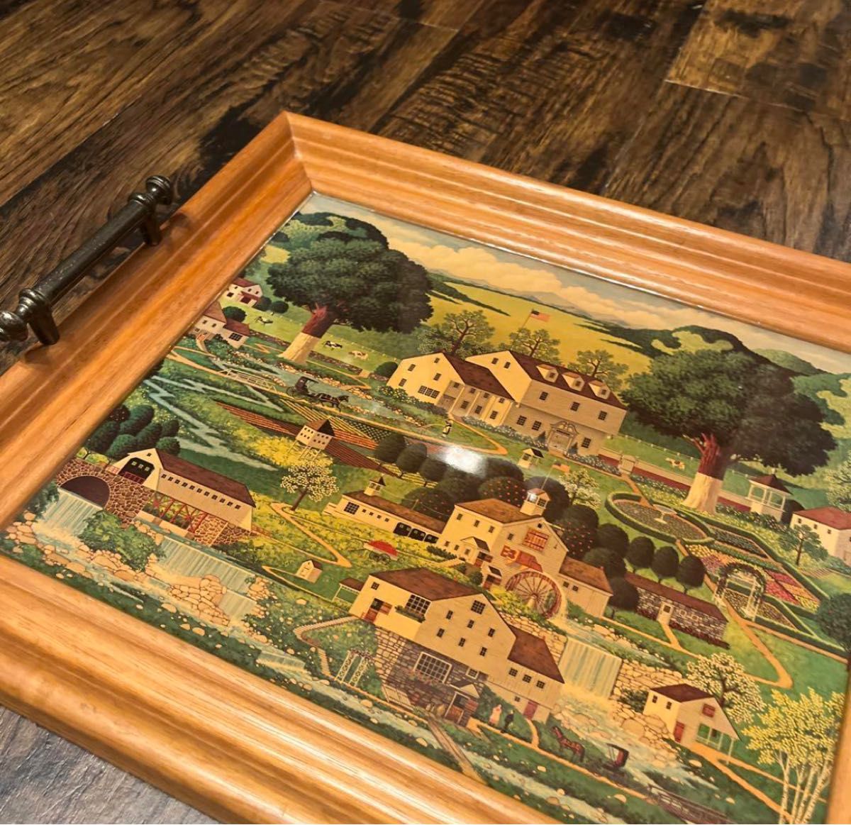 アンティーク 木製トレイ お盆 配膳トレー アメリカの田舎風景  ヴィンテージ アート