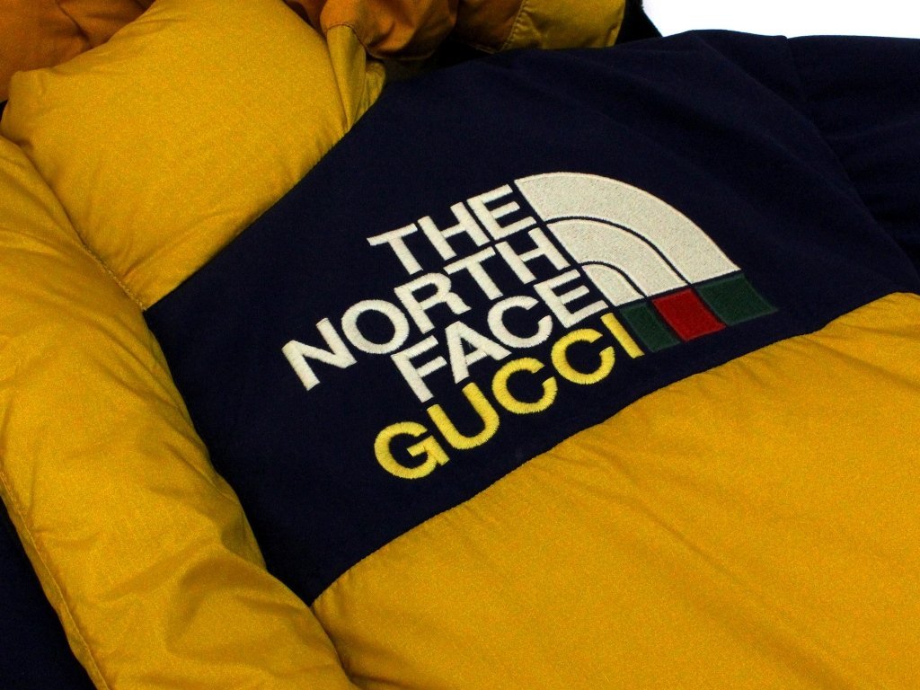 37万新品◆L◆グッチ GUCCI×THE NORTH FACEコラボ 黄×紺 ロゴ刺繍ダウンジャケット 1円_画像7