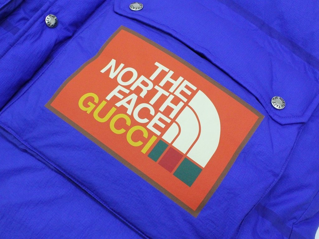 35万新品◆L◆グッチ GUCCI×THE NORTH FACEコラボ 青 ロゴプリントダウンジャケット 1円_画像8