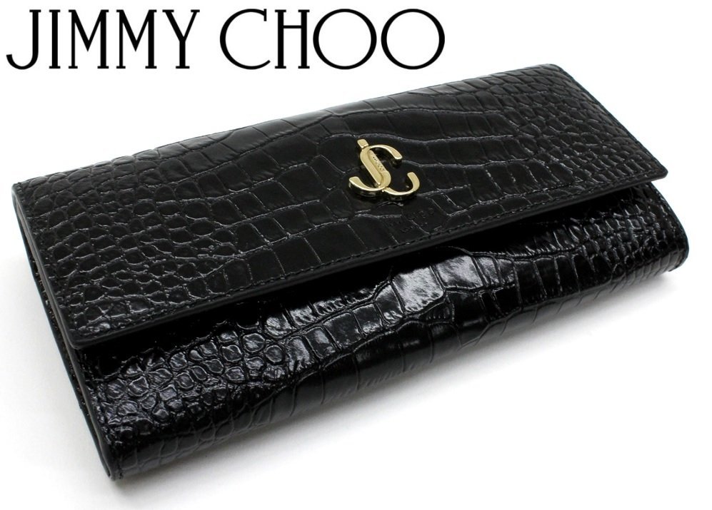 13万新品◆JIMMY CHOOジミーチュウ◆黒クロコエンボス加工レザーコンチネンタルウォレット長財布1円_画像1